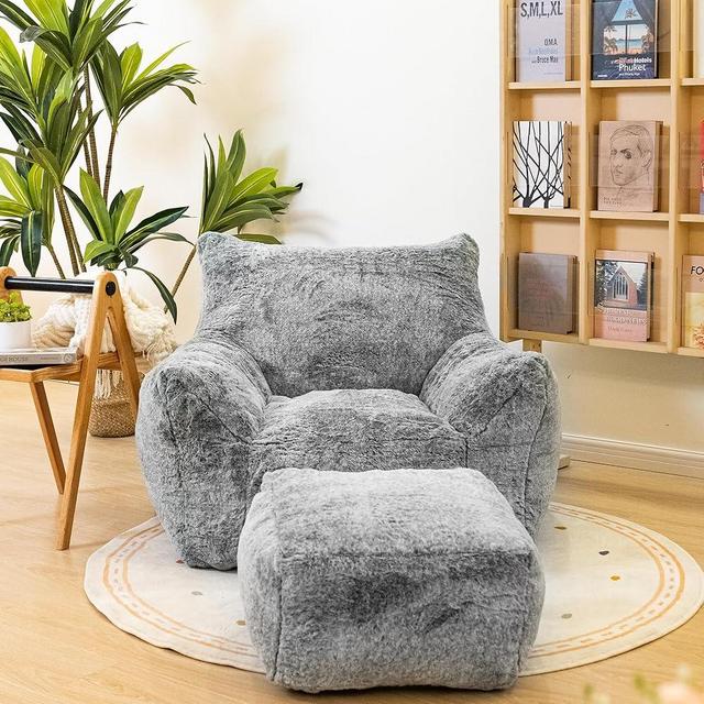 Cvortll Bean Bag Chair with Ottoman, Armrest Bean Bag Chair with Filler, Ultra Soft Fluffy Faux Fur Bean Bag Chair with Foot Rest, Plush Lazy Sofa with Foot Stool for Living Room, Dorm
