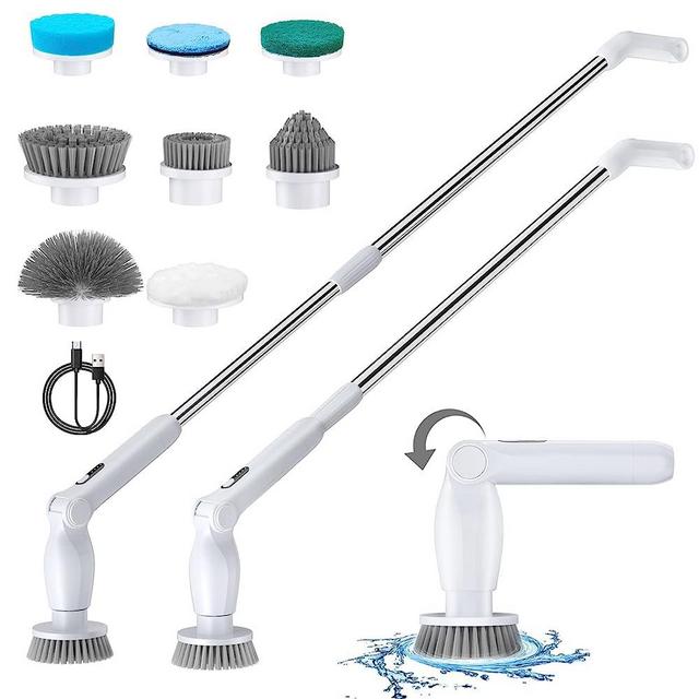 Leebein Electric Spin Scrubber, Cordless Cleaning Brush with 8 Replaceable Brush Heads, Adjustable Extension Handle, 2 Speeds & Remote Control,Power Cleaning Brush for Bathroom Floor Tile Car (White)