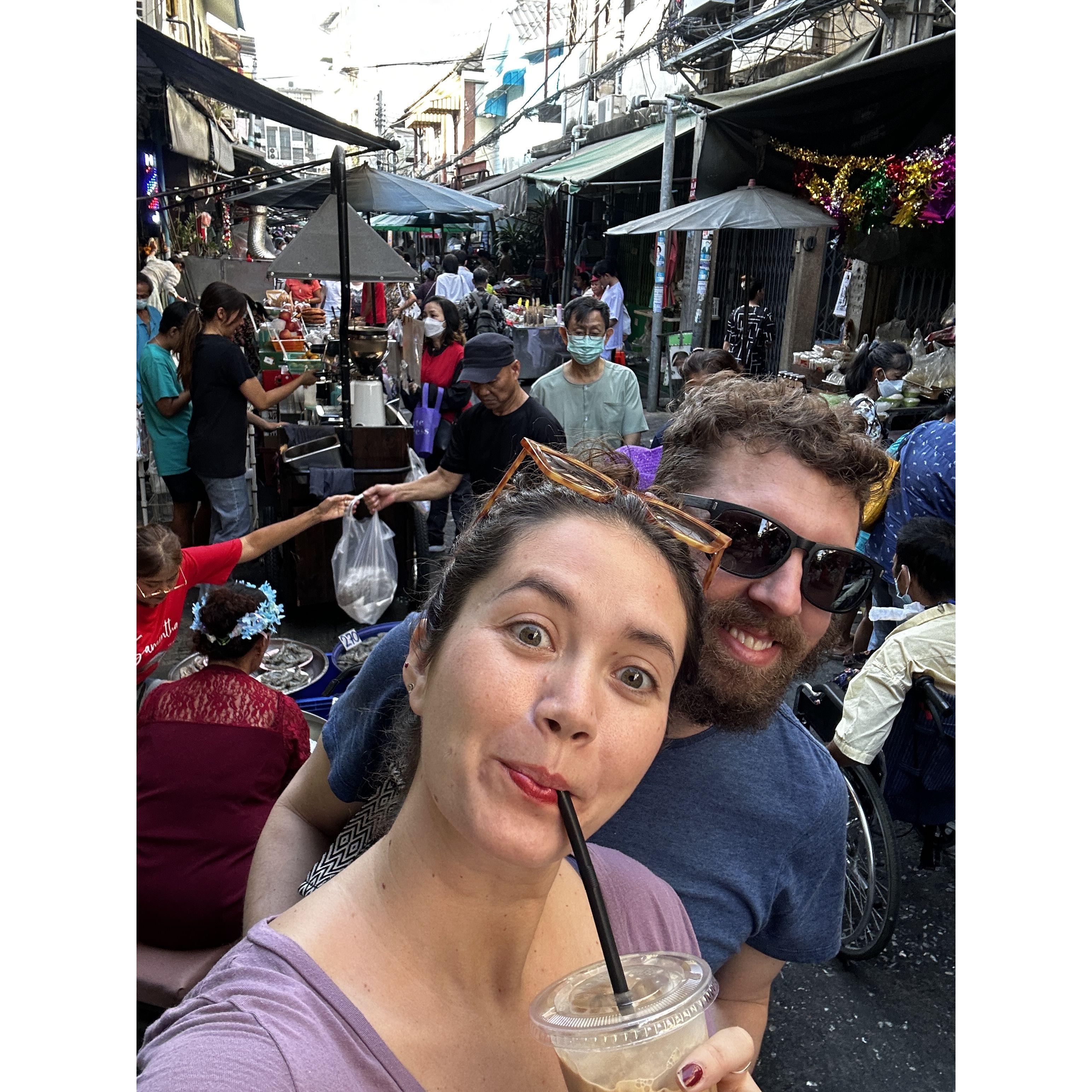 Best ice coffee during morning market walks in Bangkok.