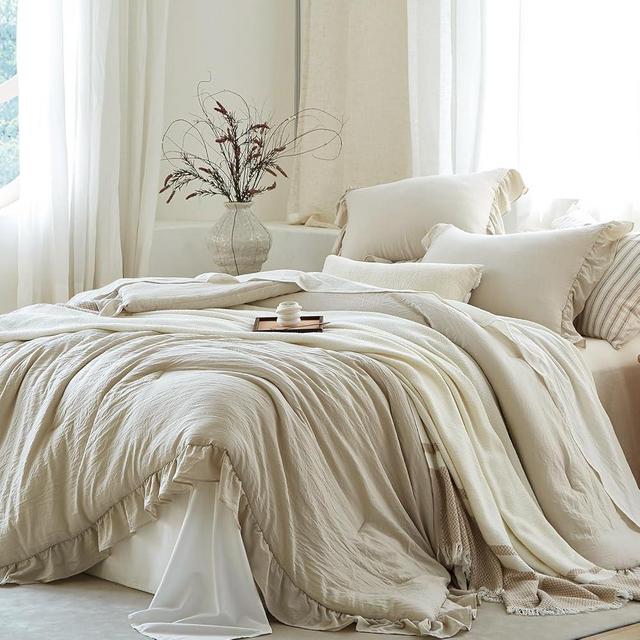 softpage Beige Ruffle Comforter Set King, Pre-Washed Shabby Chic Bedding Set, Lightweight Cottagecore Soft Romantic Cozy 1 Comforter & 2 Shams, All-Season