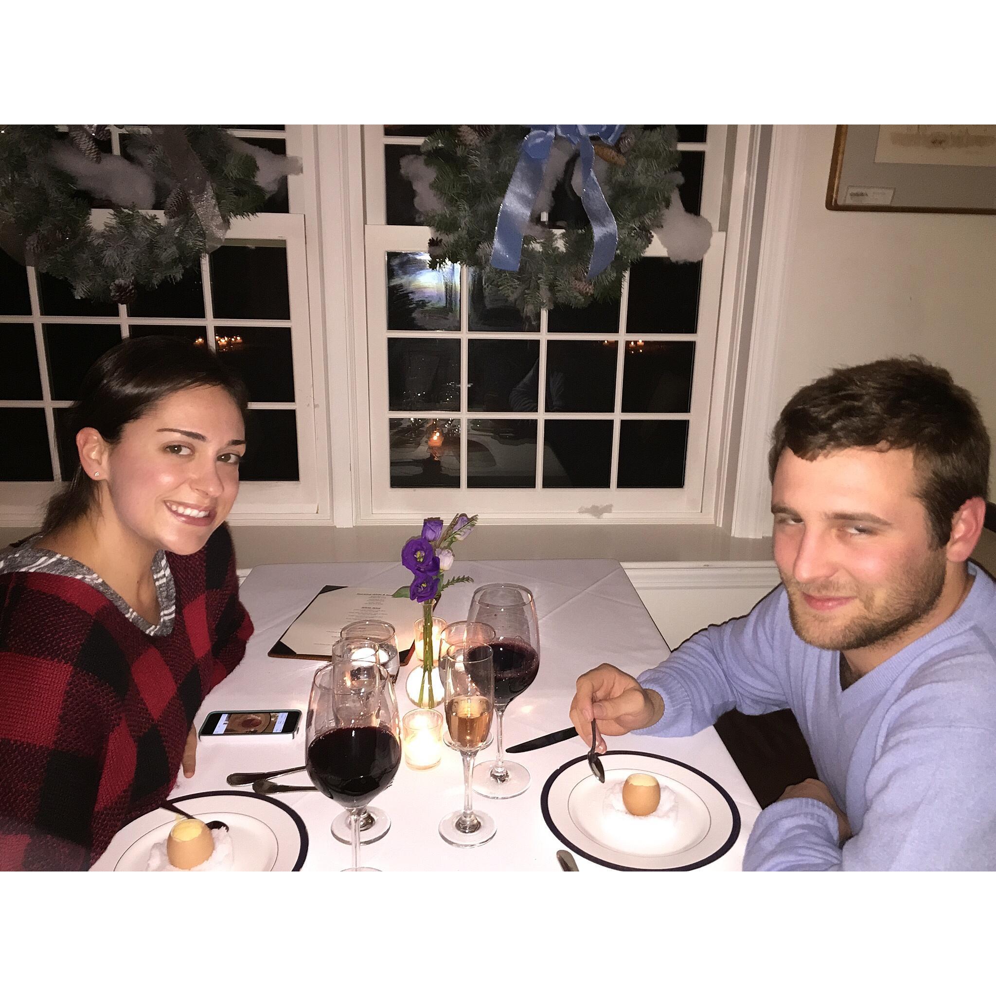 Both self-admitted foodies, R + A are seen here enjoying a fancy dinner at The Hermitage in Wilmington Vermont on NYE before ringing in 2016 together 🍾
