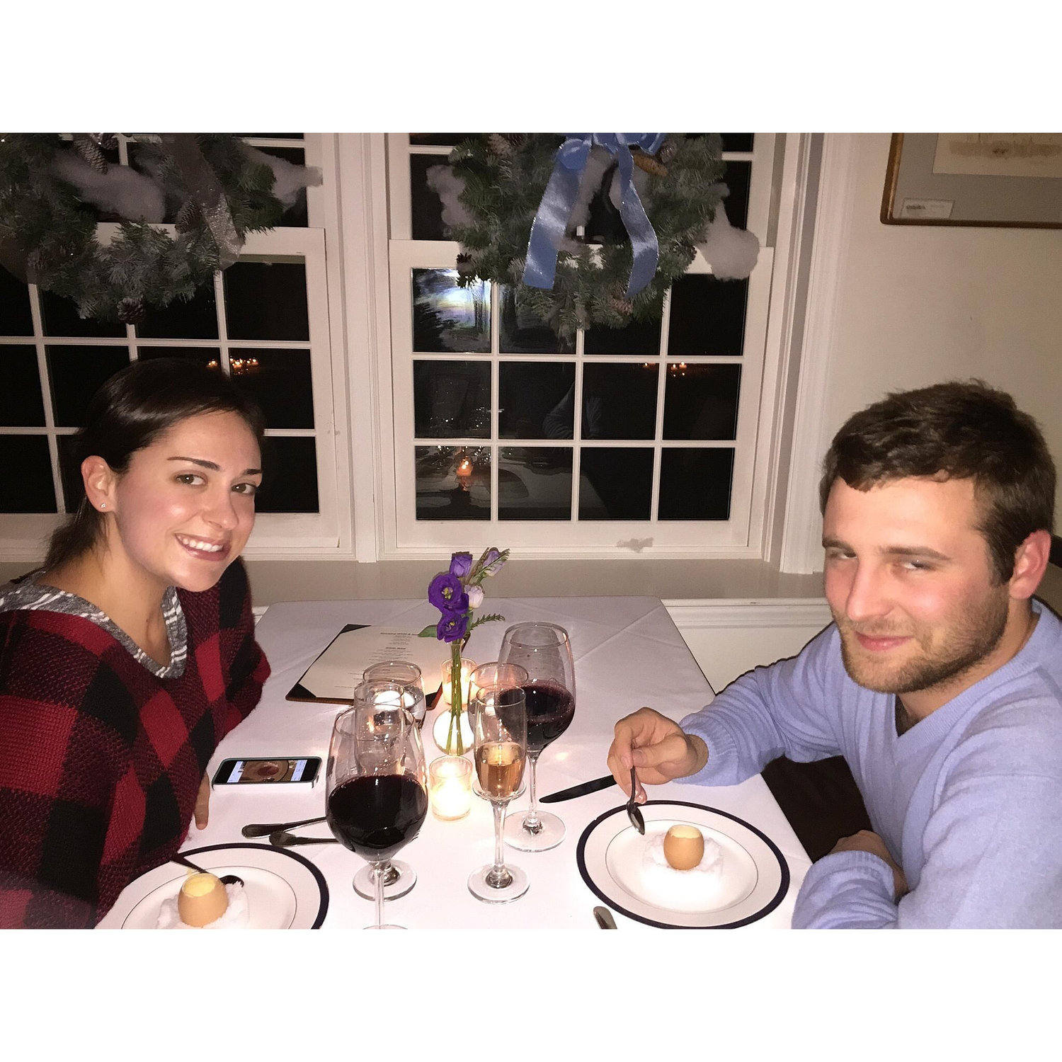 Both self-admitted foodies, R + A are seen here enjoying a fancy dinner at The Hermitage in Wilmington Vermont on NYE before ringing in 2016 together 🍾