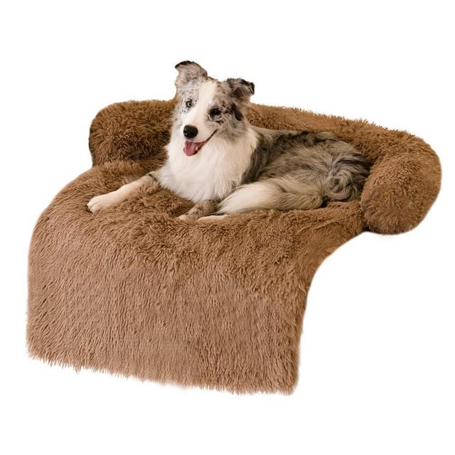 WELLYELO Large Calming Dog Bed Dog Sofa Couch Beds for Large Dogs and Cats Fluffy Plush Dog Mats for Furniture Protector with Washable Cover (41x37x6, Brown)