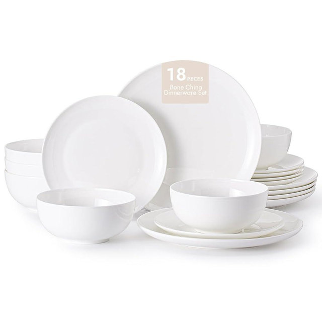KINGSTONE Bone China Dinnerware Sets, 18-Piece Dinnerware Set for 6, Lightweight Durable, Dishwasher Safe, Tableware for Daily Use with Elegant Design, White