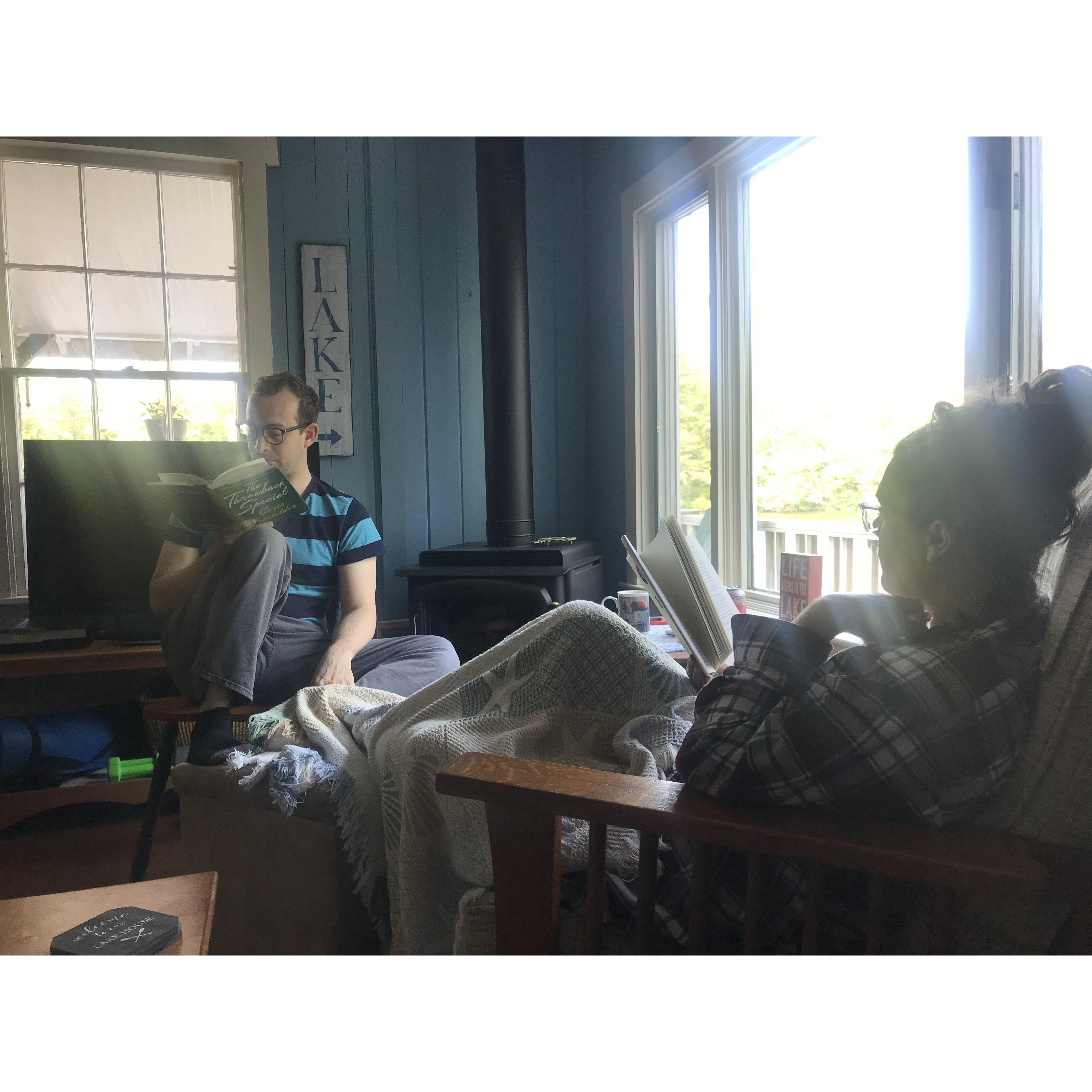Doing Scott's favorite thing (reading) in Renee's favorite place (Maine).
