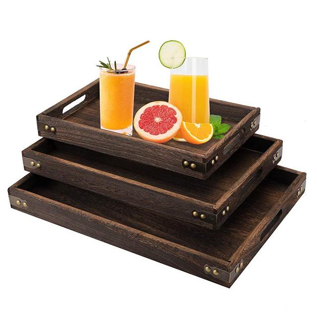 TOPZEA 3 Pack Wood Serving Tray, Rectangle Service Trays with Handles, Wooden Food Serving Tray for Breakfast, Dinner, Tea, Coffee, Fruits, Bar, Parties, Natural