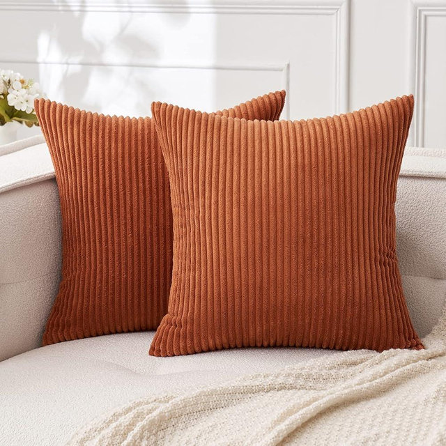MIULEE Pack of 2 Rust Pillow Covers 18x18 Inch Soft Striped Corduroy Fall Throw Pillow Covers Set Decorative Square Cushion Cases Pillowcases for Sofa Bedroom Couch