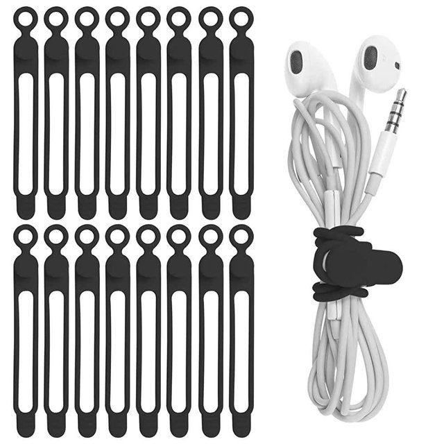Nearockle 16Pcs Silicone Cable Straps Wire Organizer for Earphone, Phone Charger, Mouse, Audio, Computer, Reusable Fastening Cable Ties Cord Organizer in Home, Office, Kitchen, School (Black)