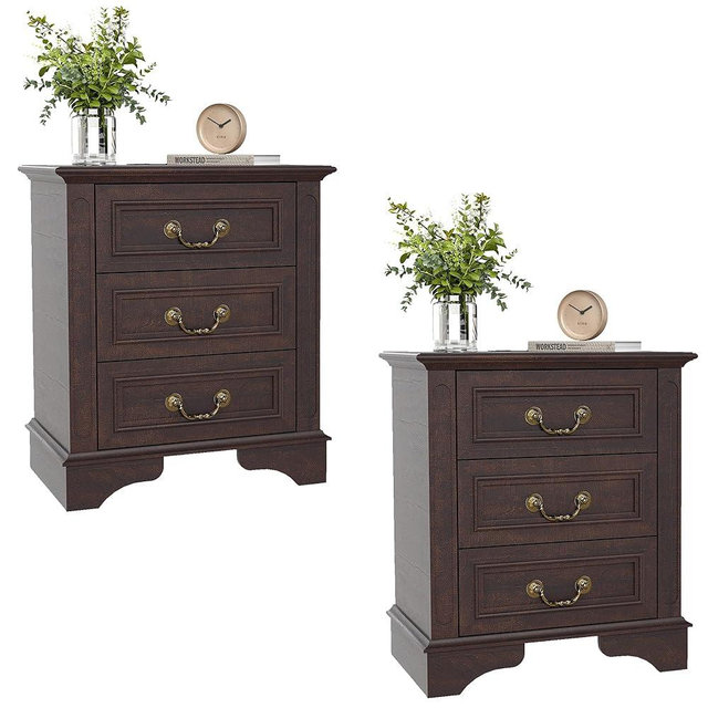 GlowVitaHome 3-Drawer Nightstand with Charging Station, Farmhouse Bedside Table with 2 AC Outlets & 2 USB Ports, Waterproof Wooden End Table for Small Spaces, Bedroom（2,Dark Brown）