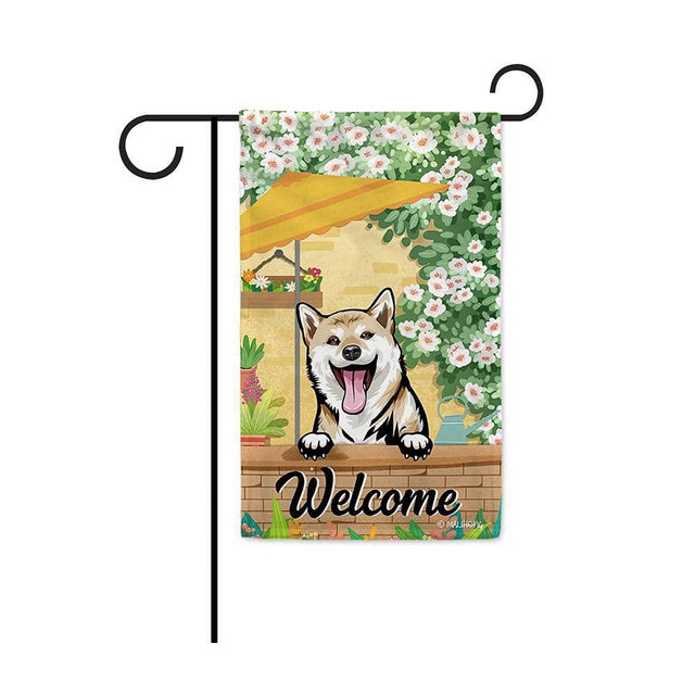 MALIHONG Welcome Dog Garden Flag Dog Shiba Inu Romantic Floral Yard Farmhouse Colorful Flower Spring Summer Banner for Home Decor 12.5x18 Inch Vertical Double Sided