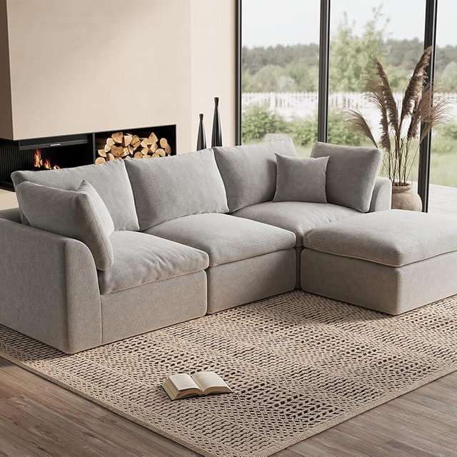 ohllob 110" Cloud Sectional Couches for Living Room, Boneless L-Shape Couch with Ottoman, 3 Seater Modular Sectional Sofa, Light Grey