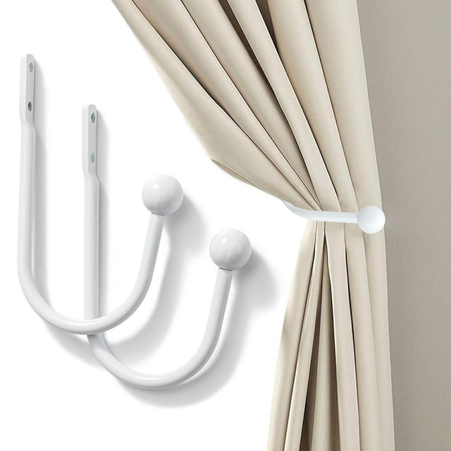 Set of 2 Curtain Holdbacks, Metal Decorative Drapery Holdback, Wall Mounted Window Drapery Tiebacks for Bedroom, Livingroom, Office Come with Screws (White)