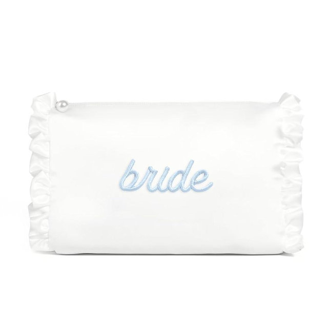 xo, Fetti White Satin Bride Cosmetic Bag | Bachelorette Party Decorations, Bride To Be Purse, Bridal Shower Accessory, GRWM Makeup Bag