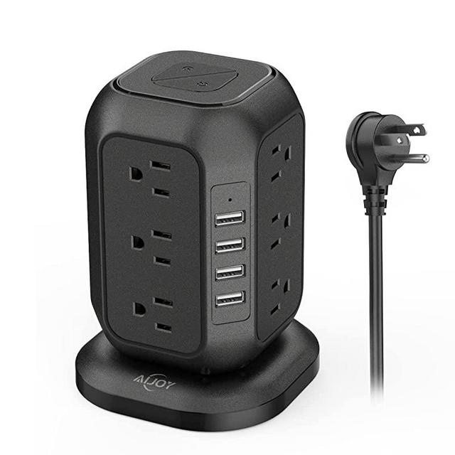 USB Power Strip Tower - AiJoy Surge Protector Black Extension Cord 10 FT with 12 AC Outlets and 4 USB Ports, Surge Protector Tower with 2 Switches, USB Charging Station with Overload Protection