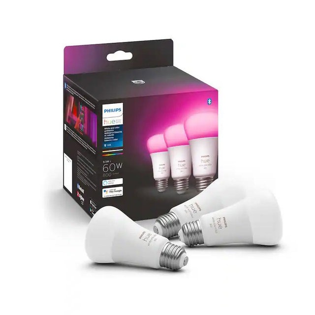 Philips - Hue A19 Bluetooth 60W Smart LED Bulb (3-Pack) - White and Color Ambiance