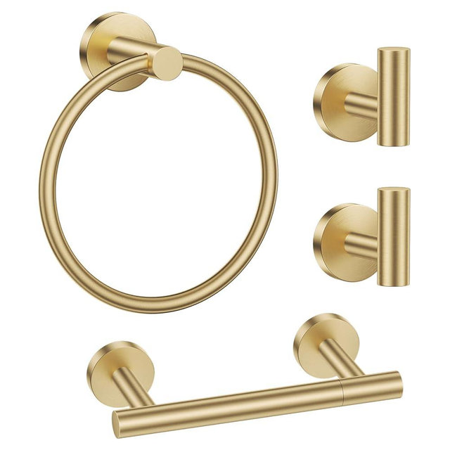 Lairuier Brushed Gold Towel Holder Set Include Double Bases Toilet Paper Holder,Towel Ring and 2 Towel Hooks Stainless Steel Wall Mounted Bathroom Hardware Accessories Set
