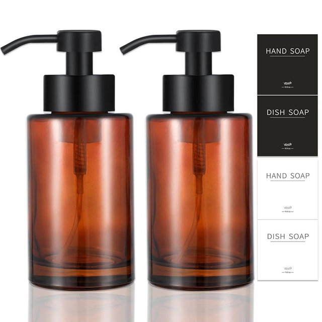 Foaming Soap Dispenser Set, 12 Oz Glass Hand Soap Dispenser with 304 Rust Proof Stainless Steel Pump, Waterproof Labels, for Bathroom Decor Kitchen College Dorm, Brown Black Pump 2 Pack