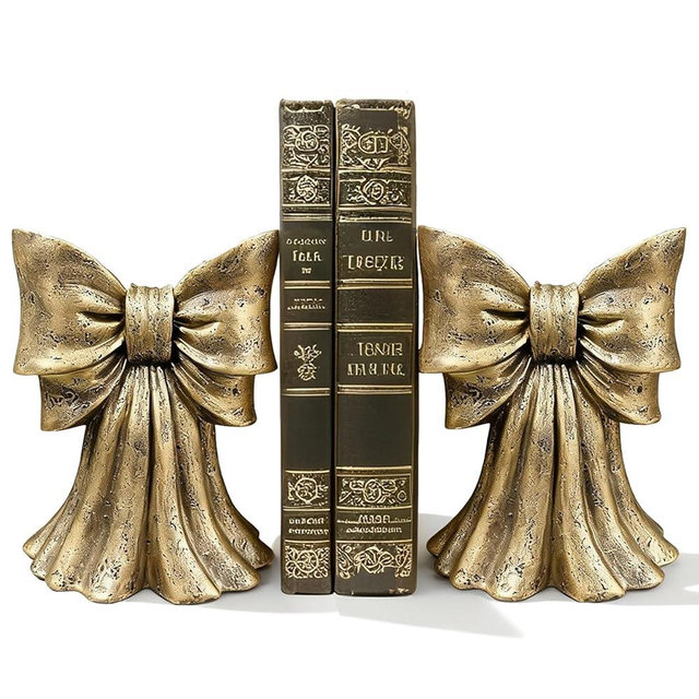 Vintage Gold Bow Book Ends Set of 2 Heavy Duty Bookends for Large & Heavy Books, Decorative Gold Bookends for Shelves, Desk & Home Office, Classic Vintage Decor Book Stoppers
