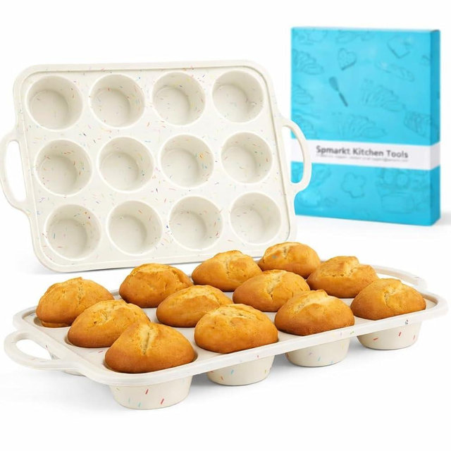 Spmarkt 2-Pack 12-Cup Silicone Cupcake Pan, Nonstick Flexible Muffin Pan, Dishwasher Safe Muffin Tray with Handles, Seamless Silicone Muffin Tin for Baking Egg Bites & Cupcakes