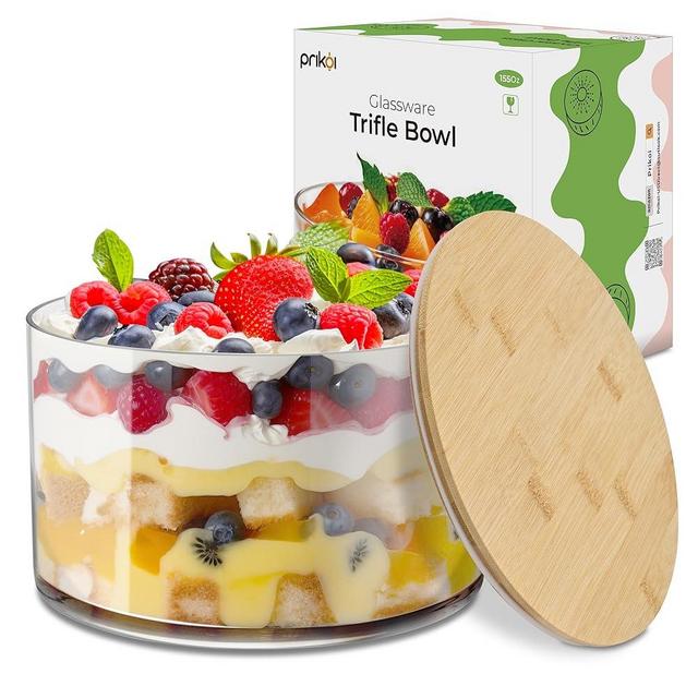 Prikoi 155oz Large Trifle Bowl with Lid, Modern Design Clear Glass Bowl, Serving Bowl for Salads, Dessert, Fruit, and Party Displays, 2024 Thickened Version