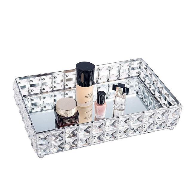 Feyarl Mirrored Crystal Vanity Makeup Tray Large Storage Ornate Jewelry Trinket Tray Bling Cosmetic Perfume Bottle Tray Decorative Skin Care Tray Home Deco Dresser Organizer Tray (Silver)