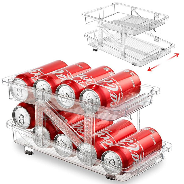 Expandable Soda Can Dispenser - 2-Pack - Clear Transparent Design for Refrigerator, Kitchen, and Pantry Storage Organizer for Cans, Beverage Bottle, Canned Food, or Fridge Drink Holder.