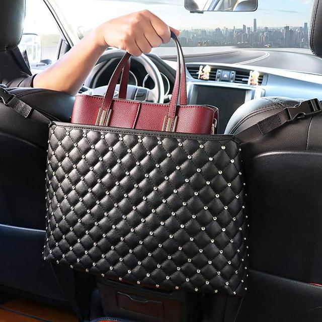 AIANDJI Car Handbag Holder between Seats, Net Purse Holder for Car, Leather Seat Pocket Pouch for Organizer with Diamonds, Mesh Storage Front Seat, Fits Most Vehicles (Silver)