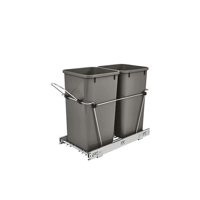 Rev-A-Shelf RV-18KD-13C-S 35-Quart Double Chrome-Plated Wire Bottom Mount Pullout Kitchen Waste Trash Can Container Bins with Rear Storage, Gray
