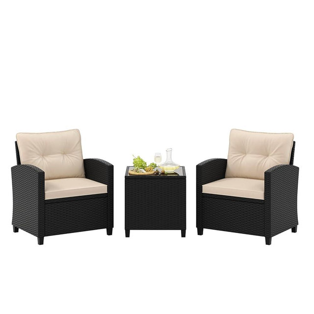 Tangkula 3 Piece Patio Furniture Set, Rattan Conversation Set w/Soft Seat & Back Cushions, Tempered Glass Topped Coffee Table, Cushioned Wicker Seating Set for Backyard, Porch, Poolside (Beige)