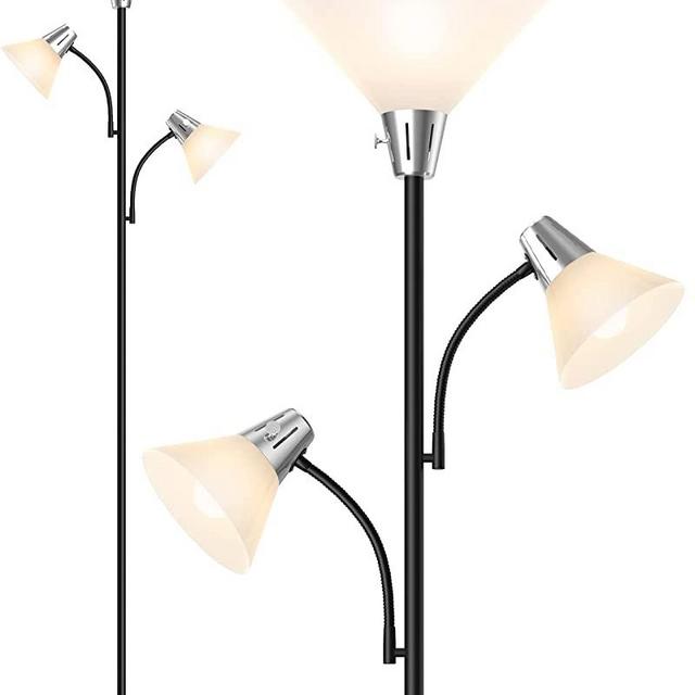 LEPOWER Floor Lamp, 9W LED Standing Lamp with 5W Adjustable Reading Lights, Modern Bright Floor Lamp with Replaceable 3000K Energy-Saving LED Bulbs, Black Floor Lamps for Living Room, Bedroom, Office