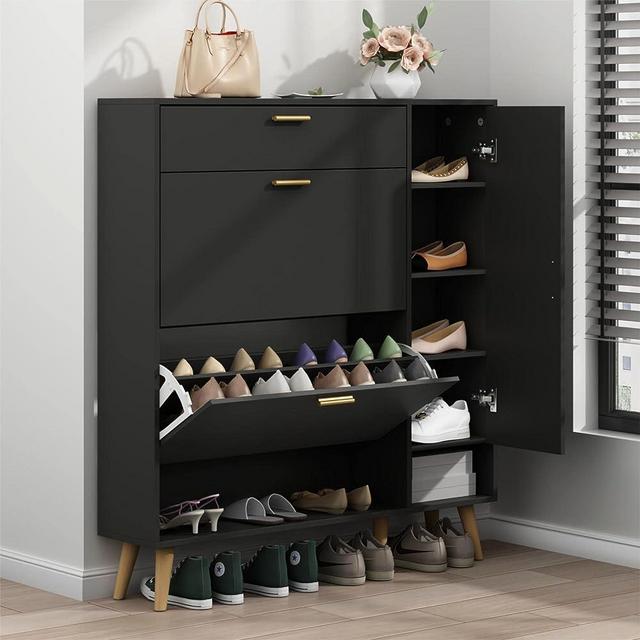 Gyfimoie Shoe Rack Cabinet, Free Standing Shoes Storage Organizer Cabinet with 3 Flip Drawers, Entryway Narrow Shoe Rack Storage with Doors for Entryway