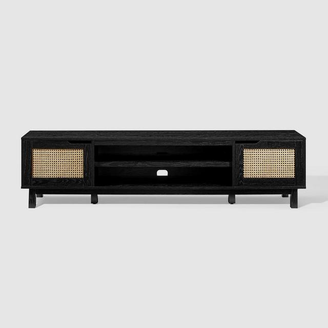 Modern Boho Storage TV Stand with Rattan Doors for 80" Screens: Media Console - Saracina Home