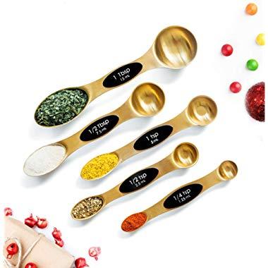 Modern Magnetic Gold Measuring Spoons Set - Stackable, Stylish Sturdy Stainless Steel (5-Piece) for Cooking and Baking