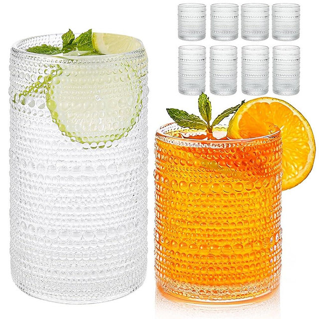 GDCCI Vintage Hobnail Drinking Glasses Set of 8, Clear Glass 12oz & 16oz Highball Cups, Embossed Water Tumbler for Beer, Cocktail, Whiskey, Juice