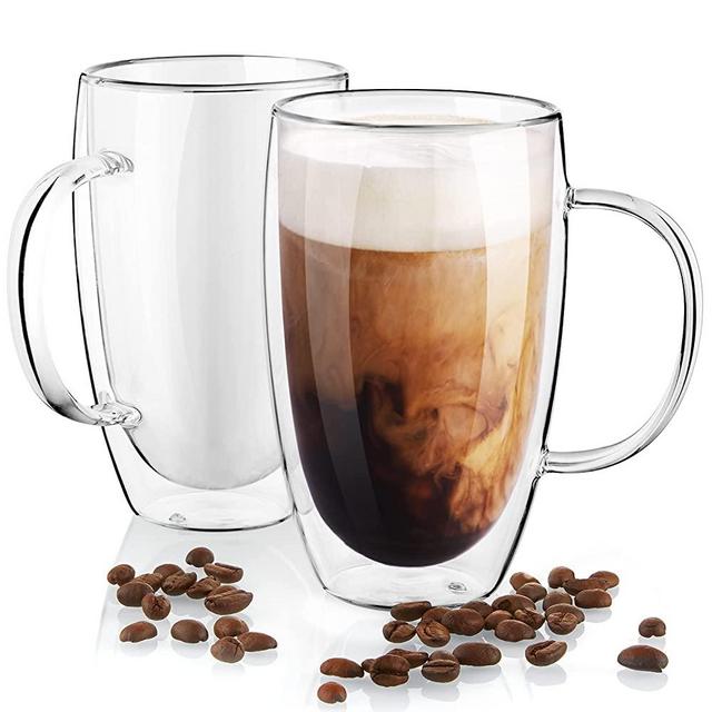 Double Wall Glass Coffee Mugs Set of 2, 16 oz Insulated Coffee Mug with Handle, Clear Glass Coffee Cups for Cappuccino, Tea, Lightweight and Microwave Safe, Ideal Gift for Thanksgiving Christmas