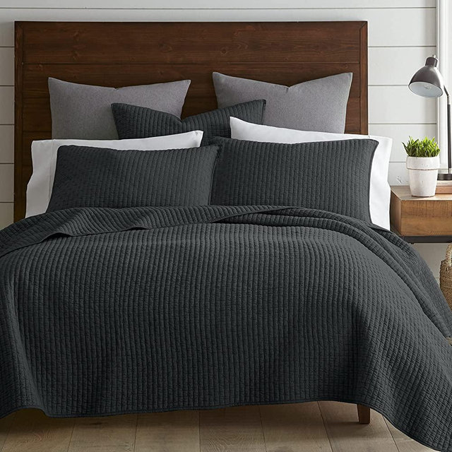 Levtex Home - Cross Stitch Quilt Set - 100% Cotton - Full/Queen Quilt (88x92in.) + 2 Standard Shams (26x20in.) - Charcoal Quilt with Matching Stitching
