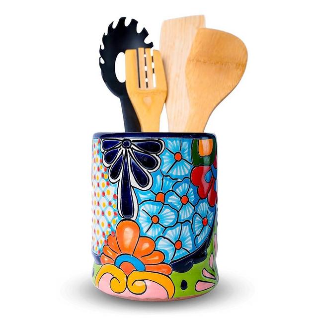 Talavera Utensil Holder - Hand Painted Ceramic Spoon Crock - Colorful Utensil Crock - Large Mexican Spoon Rest 6" H (Cobalt Blue)