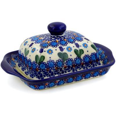 Polish Pottery 7" Butter Dish Blue Tulip Garden UNIKAT