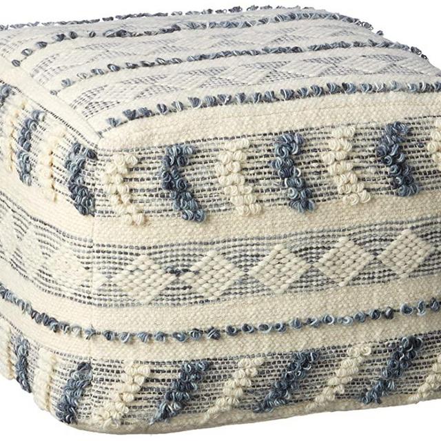 LR Home Tufted Geometric Pouf, 18" x 18" x 14", Navy/Blue/Ivory