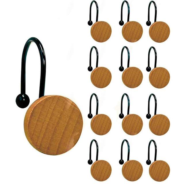 Luxape Rustic Round Wood Shower Curtain Hooks – Set of 12 Modern Decorative Shower Rings with Metal Hooks for a Stylish and Durable Bathroom Upgrade (Black)