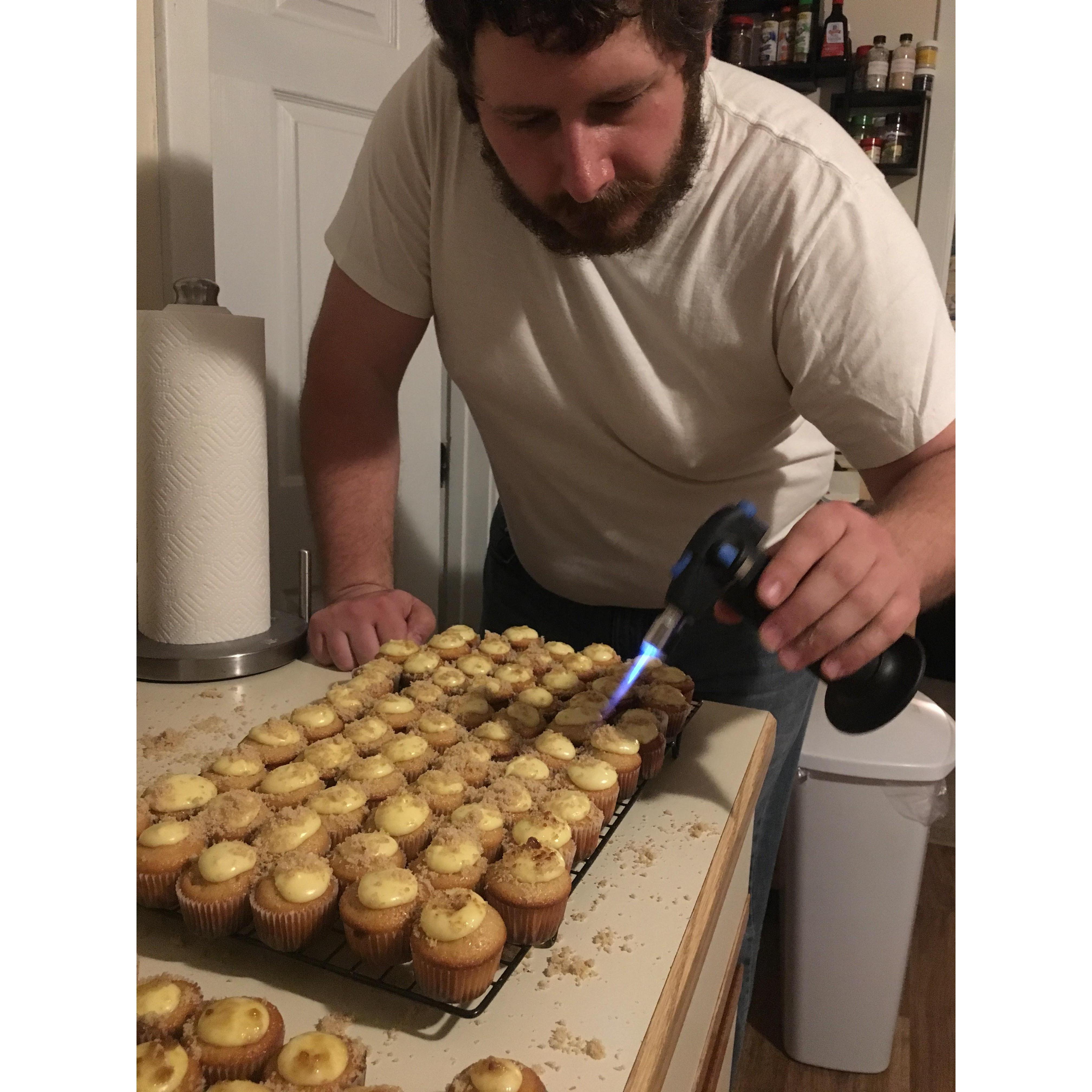 John doing what he loves... baking, and with fun tools!
This was for a cupcake competition John was in, creme brulee cupcakes!
~2016