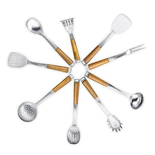 Kitchen Maestro, Stainless Steel Utensil Set with Acacia Wood Grips (9)