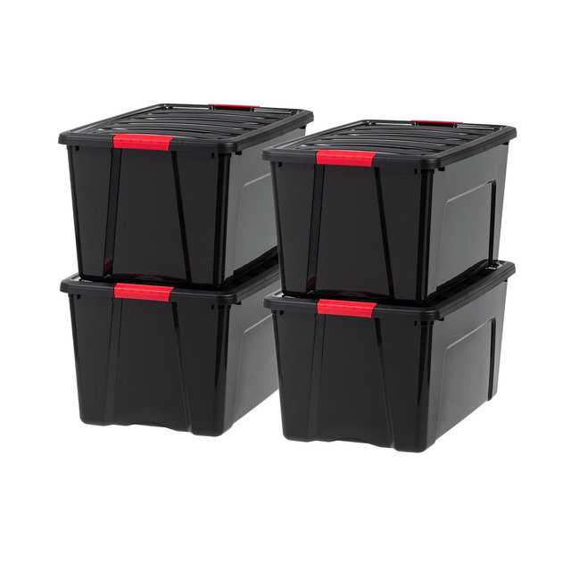 IRIS USA 4 Pack 72 Qt Stackable Plastic Storage Bins with Lids, BPA Free, Garage Organizing Solution, Latches, Durable Nestable Containers, Black