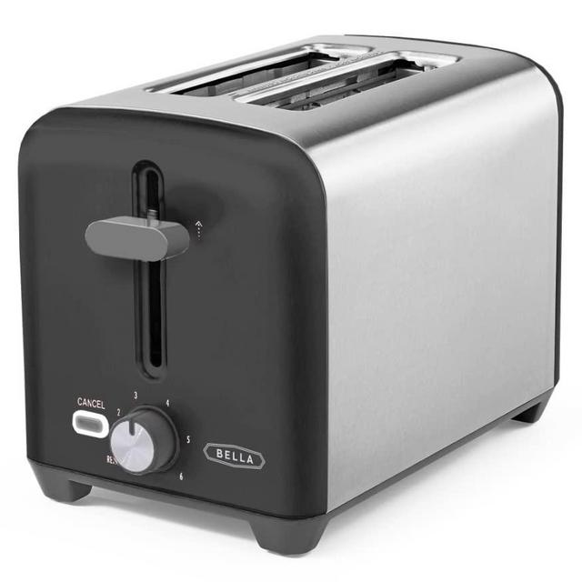 BELLA 2 Slice Toaster, Quick & Even Results Every Time, Wide Slots Fit Any Size Bread Like Bagels or Texas Toast, Drop-Down Crumb Tray for Easy Clean Up, Stainless Steel and Black