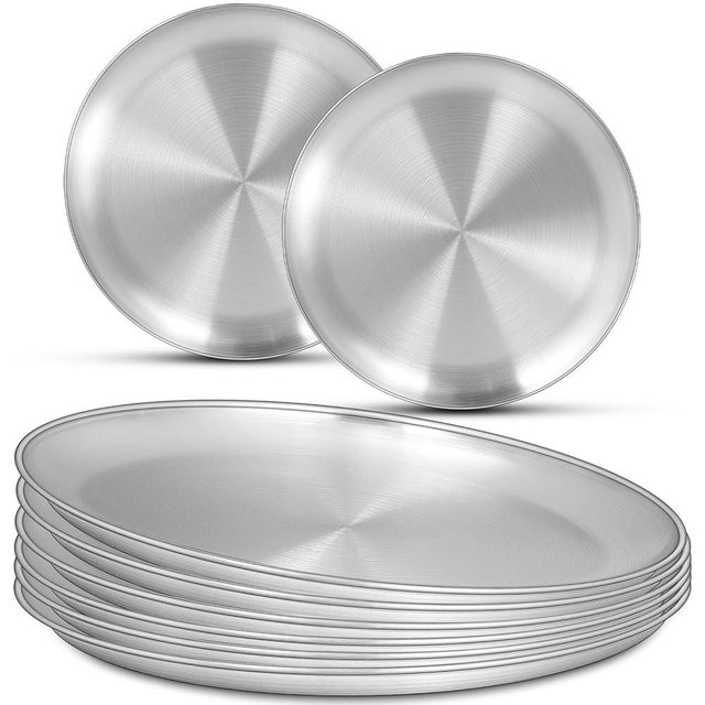 EWFEN 8 Pack Stainless Steel Plate Set, 10 Inch Metal Lightweight Unbreakable Dinner Dishes Plates Set, Round Camping Plates for Serving Dishes Dessert Salad, Non Toxic & Reusable, Dishwasher Safe