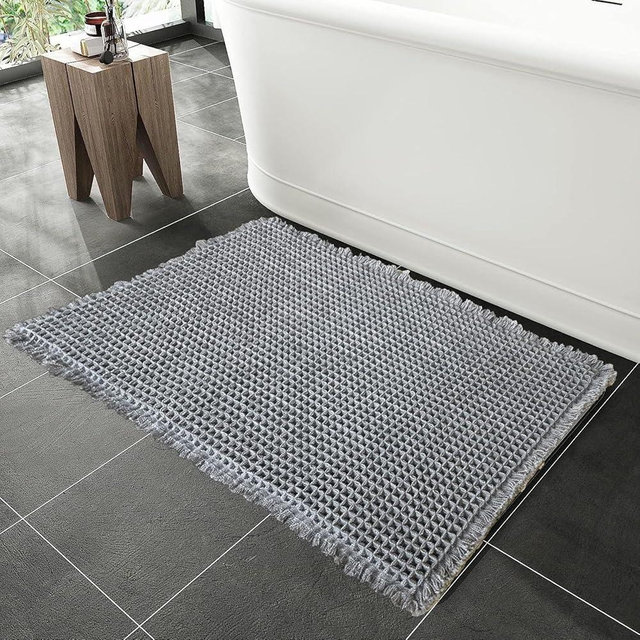 SHIMOH Waffle Bath Mat, Super Absorbent Non-Slip Bath Mats for Bathroom Floor, Machine Washable Bathroom Rugs with Tassels, Rubber Backed Bathroom Mats, Ultra Soft. (Light Gray, 18" X 30")