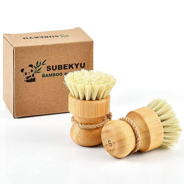 SUBEKYU Bamboo Dish Scrub Brushes for Kitchen, Wooden Cleaning Scrubbers Set for Washing Cast Iron Pan/Pot, Natural Sisal Bristles, Set of 2