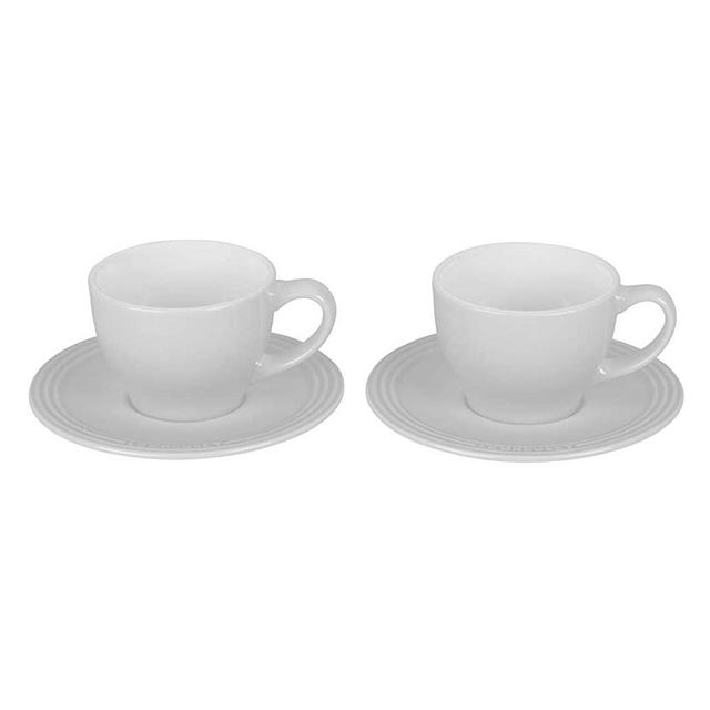 Le Creuset Stoneware Set of 2 Cappuccino Cups and Saucers , 7 oz. each, White