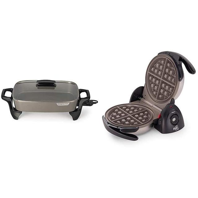 Presto Grey Ceramic 06856" Electric Skillet (16") and Presto 03510 Ceramic FlipSide Belgian Waffle Maker