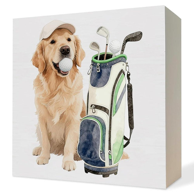 ATBWGT Funny Golden Retriever Golf Wooden Box Sign,Sports Golden Dog Gifts for Women Men Golf Dog Lover,Golden Retriever Wood Block Plaque Signs for Home Office Desk Table Shelf Decor,5x5 Inch